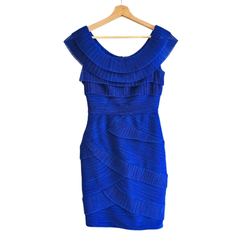BCBGMAXAZRIA Briana Blue Sapphire Ruffled Pleated Tulle Fitted Dress, Size XS